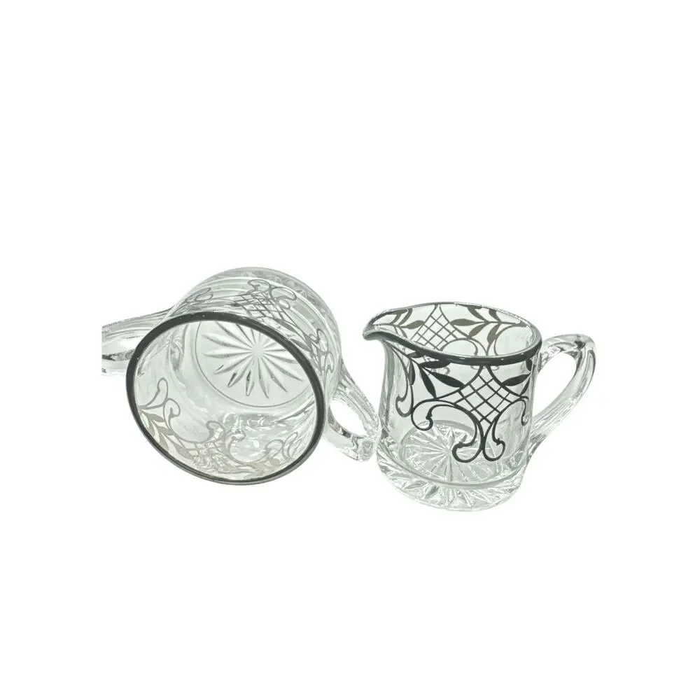 Vintage Heisy Sterling Silver Decorated Glass Creamer and Sugar Set
